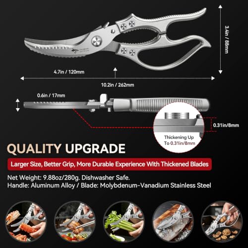 MAD SHARK Heavy Duty Poultry Shears, Kitchen Shears with Non-Slip Handle & Safety Lock, All Purpose Kitchen Scissors for Chicken, Meat Cutting, Turkey, Fish, Vegetables, Spring Loaded, Dishwasher Safe