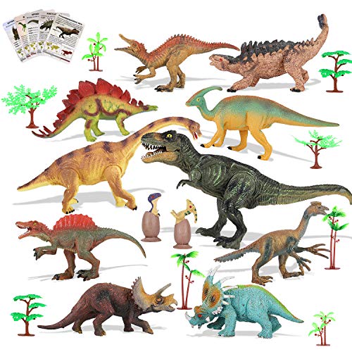 Auney Dinosaur Set Dinosaur Toys for Boys and Girls 3 Years Old & Up - Realistic Looking 6" Dinosaurs, Pack of 10 Animal Dinosaur Figures with 8 Trees，2 Cute Dinosaur Eggs, 5 Dinosaur Cards and a Map - Thumbnail 7