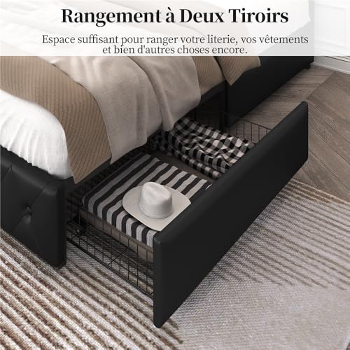 Yaheetech Bed Frame with Upholstered Headboard, Adjustable Height 140 x 200 cm, Beds Chests with Drawers, Slatted Base Double Metal Legs