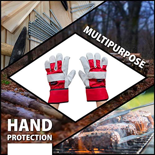 SAFE HANDLER Deluxe Work Gloves | Single Palm Split Leather, 3" Rubber Cuff, Cowhide Leather, Inner Cotton Lining, Rubberized Safety Cuff, Grade A Split Leather, 1 Pair