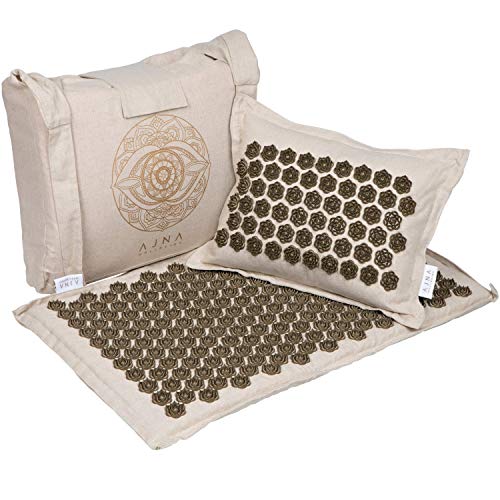 Ajna Acupressure Mat for Massage – Natural Organic Linen Cotton Acupuncture Mat & Bag – Back Pain Relief, Neck Pain Relief, Stress Reliever, Reflexology,Sciatica, Trigger Point Therapy (Natural Set)
