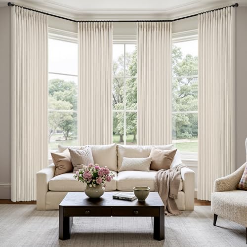 MIULEE Pinch Pleated Thick Linen Curtains 96 Inches 4 Panels Set Ivory Cream Back Tab Memory Trained Pinch Pleat Semi Sheer Light Filtering Privacy Curtains Window Drapes for Living Room Bedroom Birch