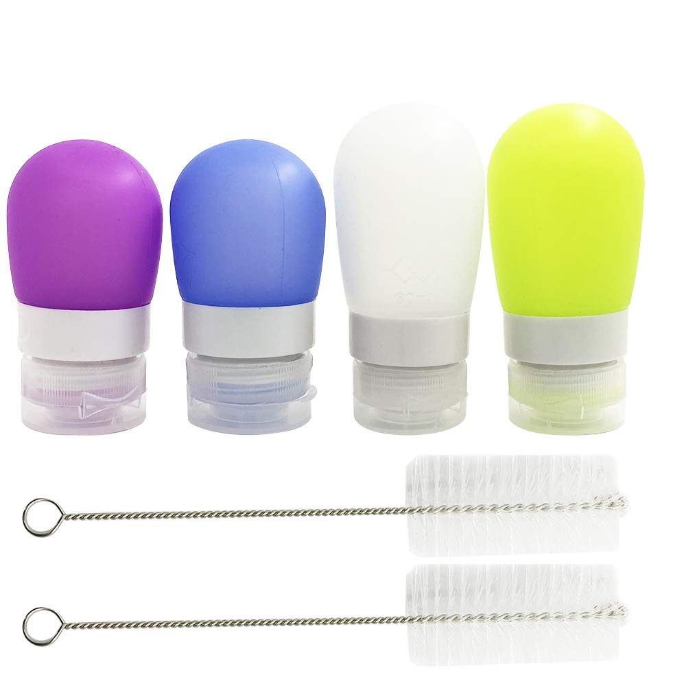 FineGood 4 x Squeeze Salad Dressing Bottles, 1.3oz and 2oz Portable Sauce Containers, Condiment Bottles for Food Storage, Leak-Proof, with 2 Cleaning Brushes-4 Colors