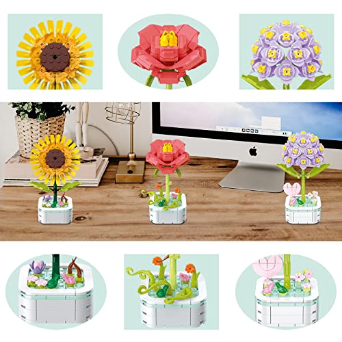 Flower Bouquet Building Set with Base, Cute Sunflower Artificial Plant