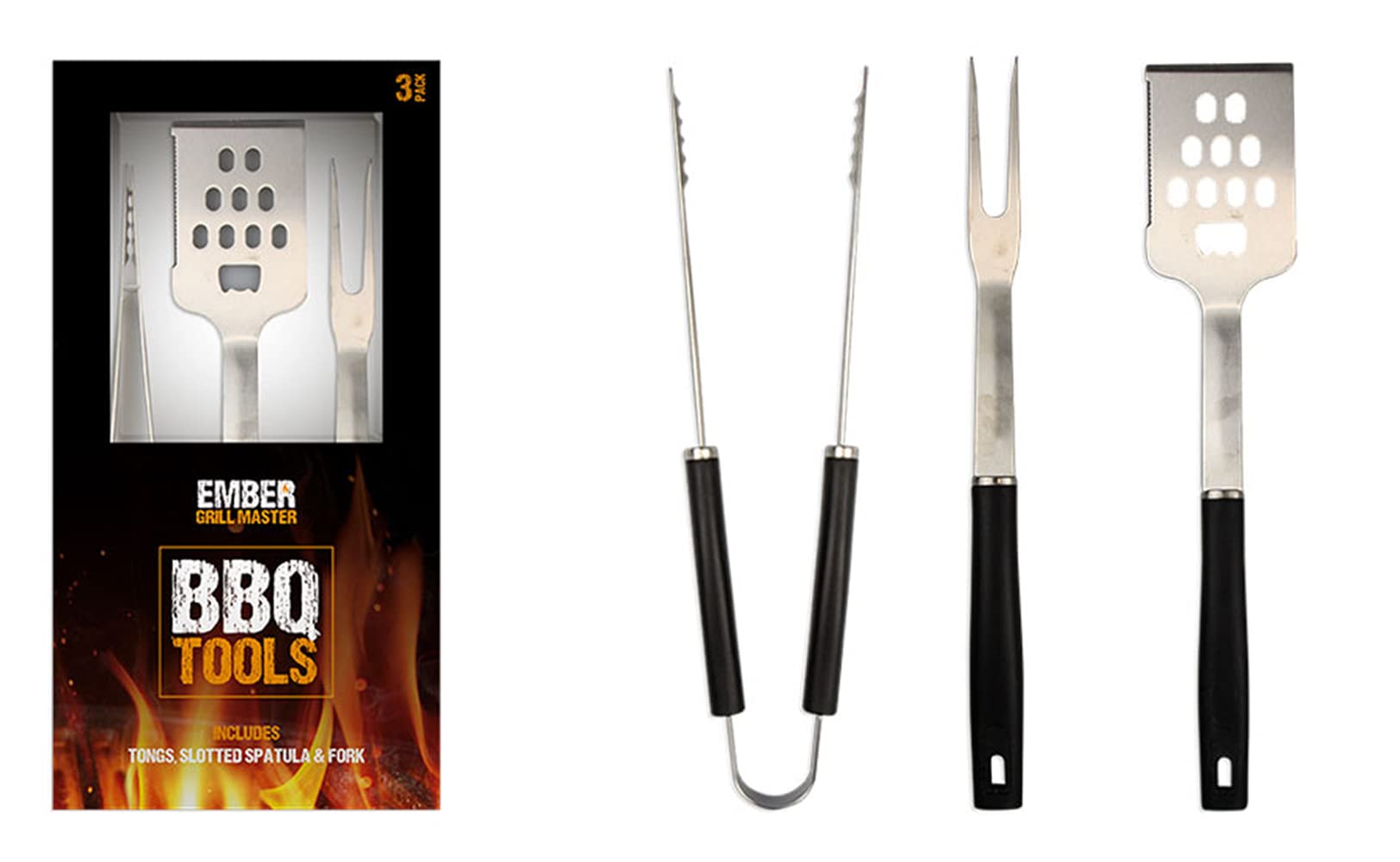 Ember Grill Master - Stainless Steel BBQ Utensil Tools [3 Pk] - Best Spatula, Fork and Tongs Stainness Steel