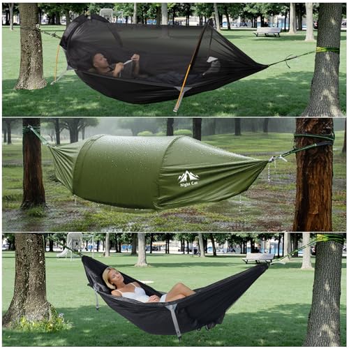 Night Cat Rainfly 1 Person Hammock Tent with Mosquito Net Waterproof Hiking Garden Camping Backyard Wild