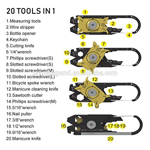20 in 1 Caribiner Survival Utility Mini Multi-Tool for Camping, Biking, Hiking and EDC
