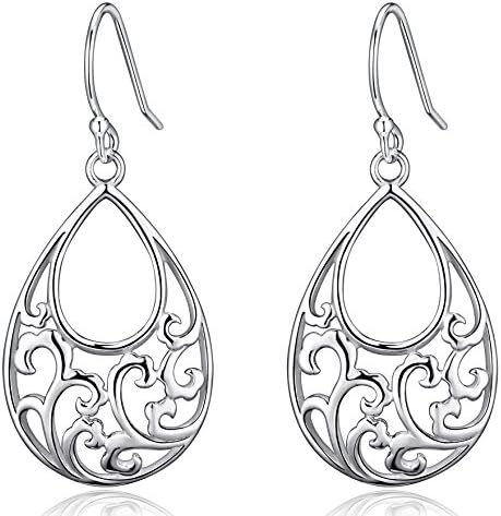 Highly Polished Sterling Silver Filigree Dangle Drop Earrings With Wave Design