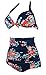 COCOSHIP Red Pink & Navy Blue Antigua Floral Halter High Waisted Two Piece Bikini Gorgeously Dressed Vintage Bathing Suit L(FBA)