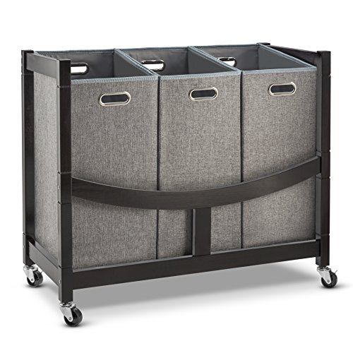 Best Music Posters Foldable 3 Basket Wooden and Fabric Laundry Sorter Cart with Wheels