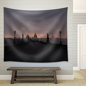 Ancient Road with Street Lamp and Statue at Dim Evening - Fabric Wall Tapestry Home Decor - 51x60 inches