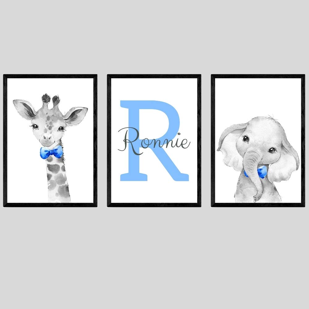 Safari Animals Boys Nursery Bedroom Unframed Set of 3 Poster Prints, Personalized Name Blue Green Yellow Bow Tie Wall Art Decor New Baby Gift Present, Elephant Giraffe Lion Zebra (8x10)