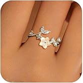 Dainty Flower Ring for Women 925 Sterling Silver Cute 14K Gold Plated Sparkling White Shell Cubic Zirconia Lucky Leaf Ring for Mom Statement Promise Fidget Ring Band Birth Valentine's Day Jewelry Gift