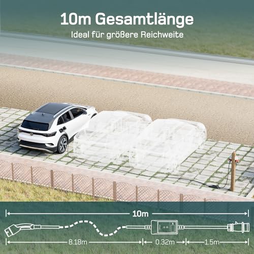 dé Mobile Wallbox 11 kW with App [10 m | 3-Phase | 6-16 A], Charging Cable E Car CEE-16A 400V to Type 2 with Adjustable Charging Power, EV Charger for ID.3/4/5/7, IX1, Model 3/Y and Other BEV/PHEV