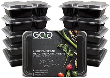 Green Quality Goods 10-Pack 2 Compartment Bento Lunch Boxes with Lids - Stackable, Reusable, Microwave, Dishwasher & Freezer Safe - Meal Prep, Portion Control, Food Storage Containers (30oz)