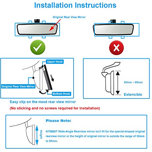 Kitbest Rear View Mirror, Convex Rearview Mirror Interior Clip on Wide Angle Rear View Mirror to Reduce Blind Spot Effectively