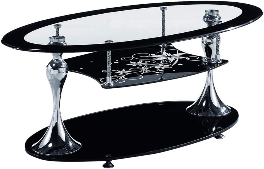 Furniture Express Black Oval Glass Coffee Table with Shelf and 2 Chrome