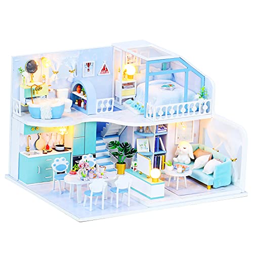 LISTENSEA Dollhouse Wooden Dollhouse Kit Blue Doll House with Music DIY