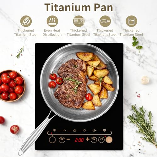 Sartén de titanio martillado Pro para cocinar, sartén de titanio con tapa, utensilios de cocina Pro antiadherentes, calentamiento uniforme para cocinar (30cm)