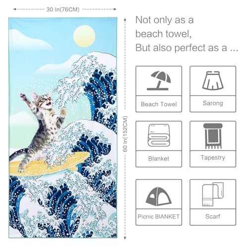Funny Cat Beach Towel,Surfer Cat Beach Towel Battle Blue Ocean Great Wave Cotton Blend Towel Soft Absorbent for Kids Men Women Camping Towel for Gym, Hiking, Pool, Bath, Yoga,Travel Vacation