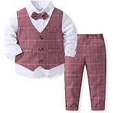 Abolai Baby Boys' 4 Piece Classical Gentleman Set with White Shirt,Bowtie,Plaid Vest and Plaid Pants