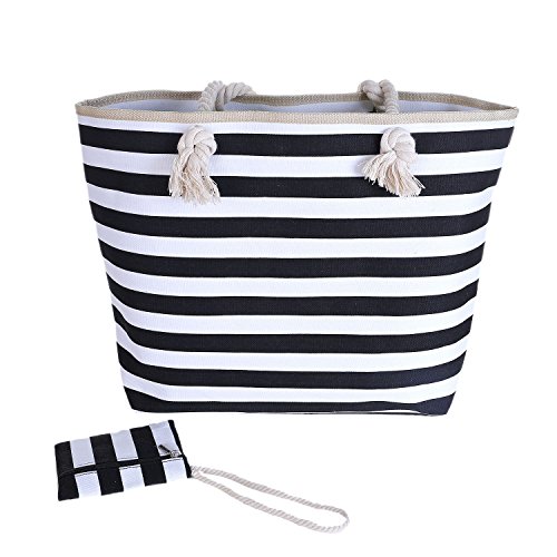 DonDon Große Strandtasche mit Reißverschluss 58 x 38 x 18 cm Maritime Streifen schwarz weiß Shopper Schultertasche Beach… – Bild 3