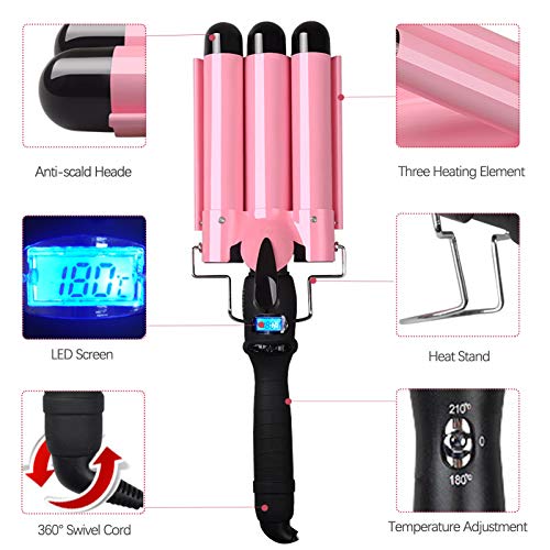Nazano 3 Barrel Curling Iron,25mm Hair Curling Iron Crimper, 1 inch Ceramic Hair Waver Curling Wand Tool,LCD Temperature Adjustable & Heat Up Quickly