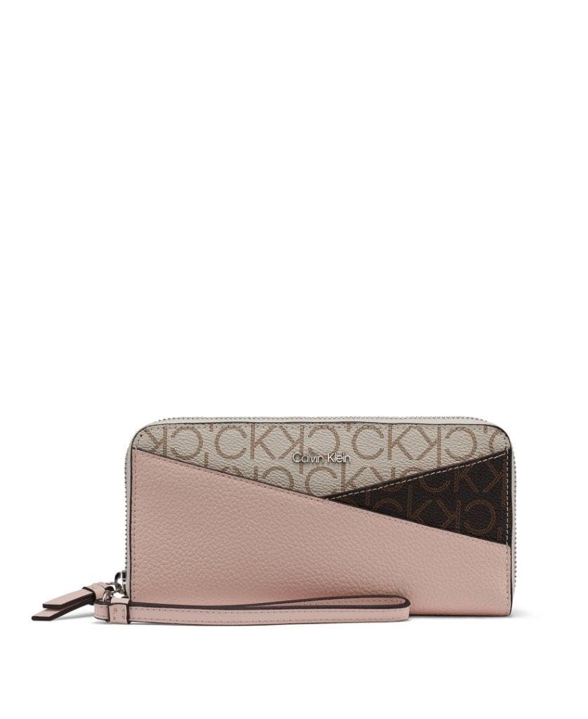 Calvin Klein Key Item Saffiano Continental Zip Around Wallet with Wristlet Strap, Brown/Khaki/Petal/Vanilla/Khaki, One Size