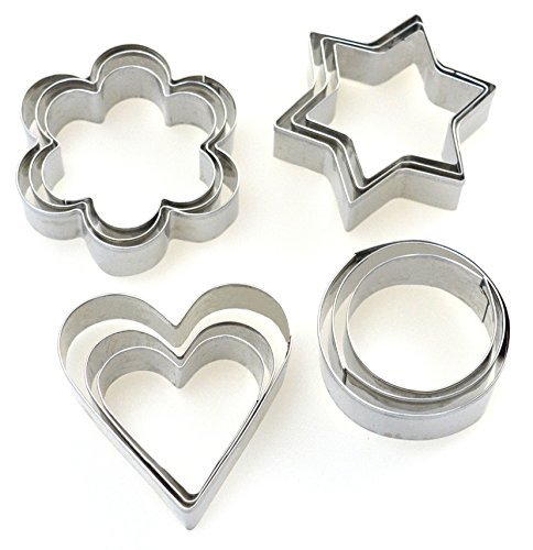 HoooWooo 12 Pieces Stainless Steel Cookie Cutters : 3 Stars Shape, 3 Flowers Shape, 3 Hearts Shape, 3 Round Shape