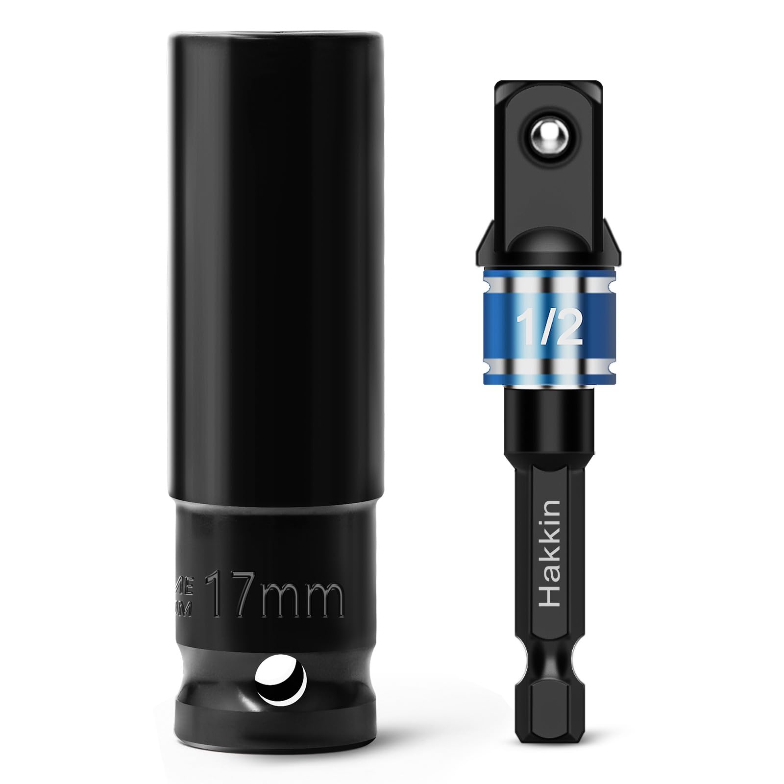 1/2 inch Drive Impact Socket Set Hakkin 17mm Deep 6-Point Impact Socket and 1/4" Hex Shank to 1/2" Drive Adapter Heavy Duty Chrome Vanadium Steel