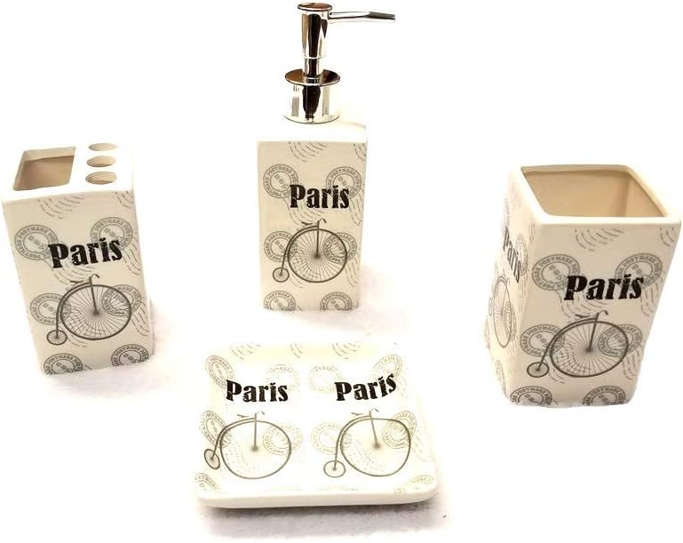 Empire Home Printed 4-Piece Bathroom Accessory Ceramic Set - Lotion Dispenser/Tumbler / Toothbrush Holder/Soap Dish (Bike Paris)