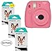 Fujifilm Instax Mini 9 Instant Camera (Flamingo Pink), 6 Single Pack Instant Film (60 Sheets), and Instax (Light Blue) Groovy Case Bundle