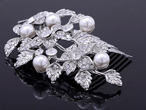 Alilang Silvery Tone Rhinestone Flowers and Leaves Cluster Fashion Hair Comb