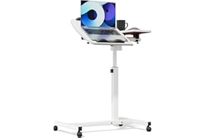 Athena Collection Height Adjustable Rolling Desk Mobile Portable Laptop Stand Cart Small Sit Standing Desk Computer Table Workstation for Home Office, White