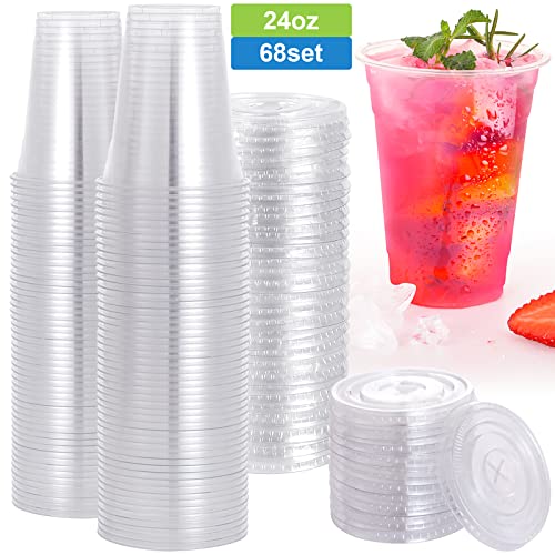 TashiBox [68 Sets 24 oz Plastic cups with flat lids, Crystal Clear