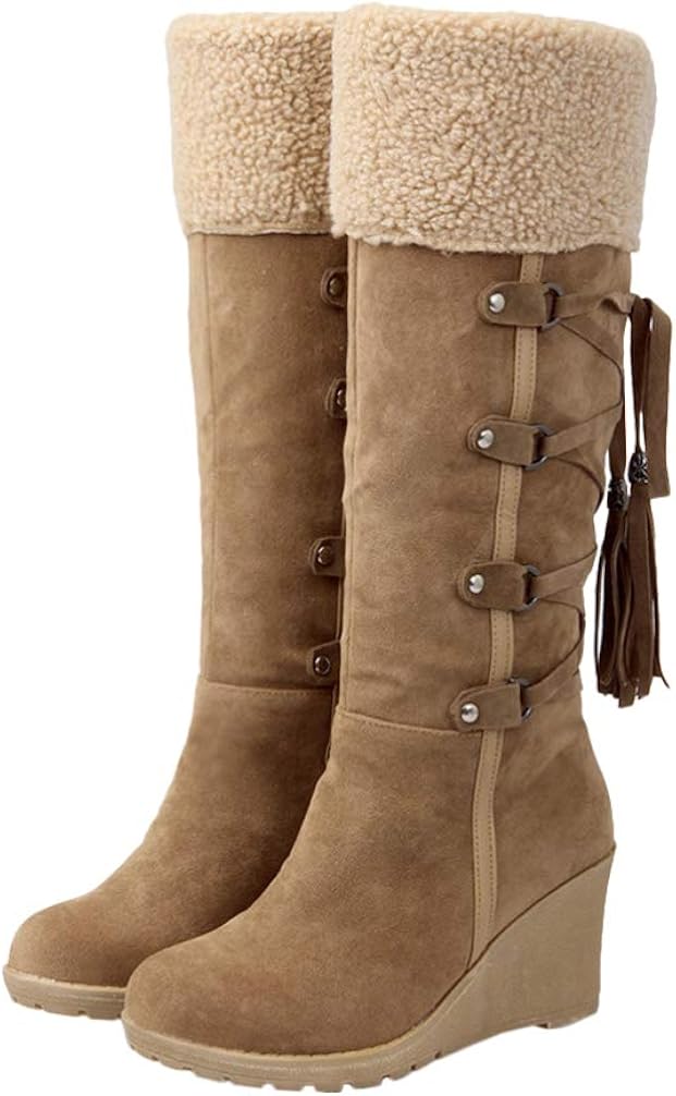 Happyyyami Botas altas para mujer con cuña de invierno con borla de piel forrada de ante ancho Happyyyami Botas altas para mujer con cuña de invierno con borla de piel forrada de ante ancho