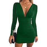 GOBLES Women's Sexy Long Sleeve V Neck Ruched Bodycon Mini Party Cocktail Dress