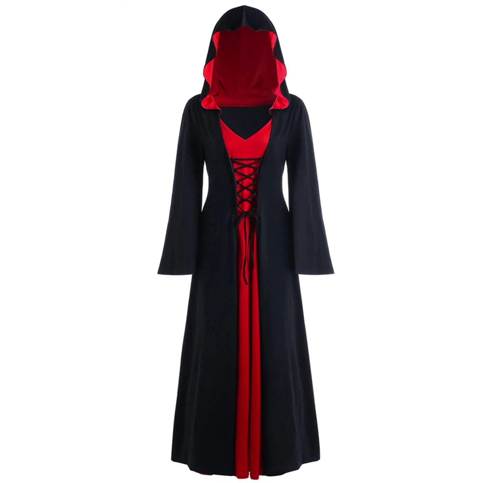 FSUJWOA Halloween Vintage Witch Dress, Witch Hooded Dress Witchs Costum, Womens Renaissance Medieval Costume (Black and red, 2XL)