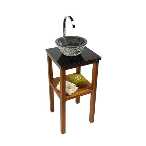wohnfreuden Waschtisch Teakholz Unterschrank lasiert für Naturstein Waschbecken SMINI mit Steinplatte 40x40x80cm