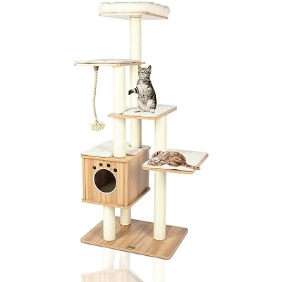 POTBY Multi-Levels Wooden Modern Cat Furniture, Cat Tower with Condo, Scratching Posts, Anti-toppling Devices and Removable and Washable Mats for Kittens, Large Cats and Pets (67'' Height)