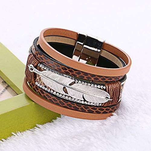 HUSHOUZHUO Mode Alliage Feuilles Large Magntique En Cuir Bracelets Et Bracelets Multicouche Bracelets Bijoux Pour Femmes