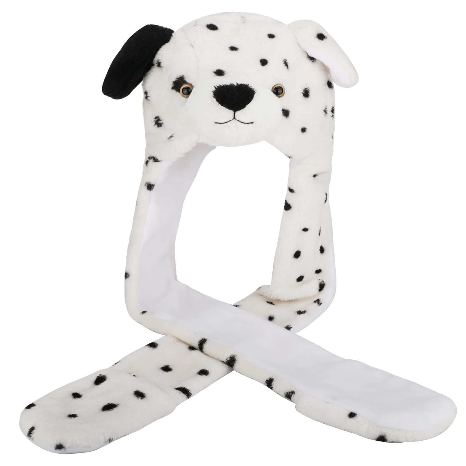 PHOGARY 3 in 1 Animal Hood Hat Scarf and Gloves Set - 85cm Long Faux Fur Cartoon Plush for Adults Teens Cosplay Costume Carnival Festival, Spotted Dog