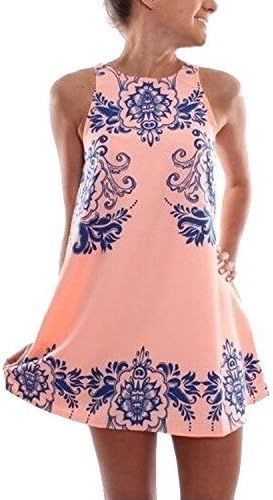 PinRoad Women Sleeveless Round Neck Porcelain Print Chiffon Dress,Pink