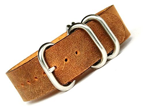 time+ 20mm 5-Ring NATO Zulu Leather Military Watch Strap Vintage Brown