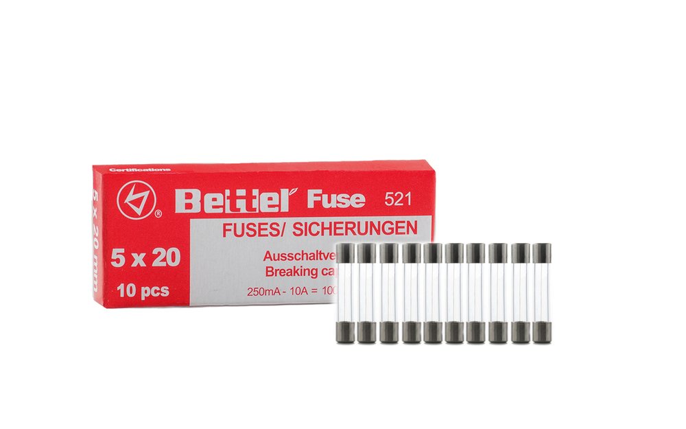 10&nbsp;x micro fuses, flink, 5 mm x 20&nbsp;mm, 250&nbsp;V, TYP 521, 0.25 A, 0.315 A, 0.4 A, 0.5 A, 4 A, 6,3 A, 10 A