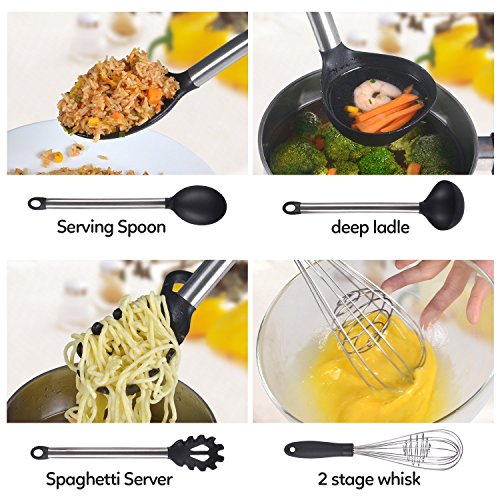 9 Silicone Cooking Utensils+ Holder- Tatufy Stainless Steel & Silicone Kitchen Utensils Set, Nonstick Non-Scratch Kitchen Tools- Tongs, 2 Spoon, Spatula Tools, Turner Slotted, Ladle, Strainer, Whisk - Thumbnail 2