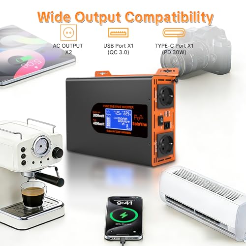 SolaYnc 2000W/4000W 12V 220V/230V Pure Sine Inverter DC AC Sine Wave Inverter, with LCD Display, Remote Control, 2 EU AC Sockets, Type-C 30W Interface and USB Port, for Cars, Boats, Trucks