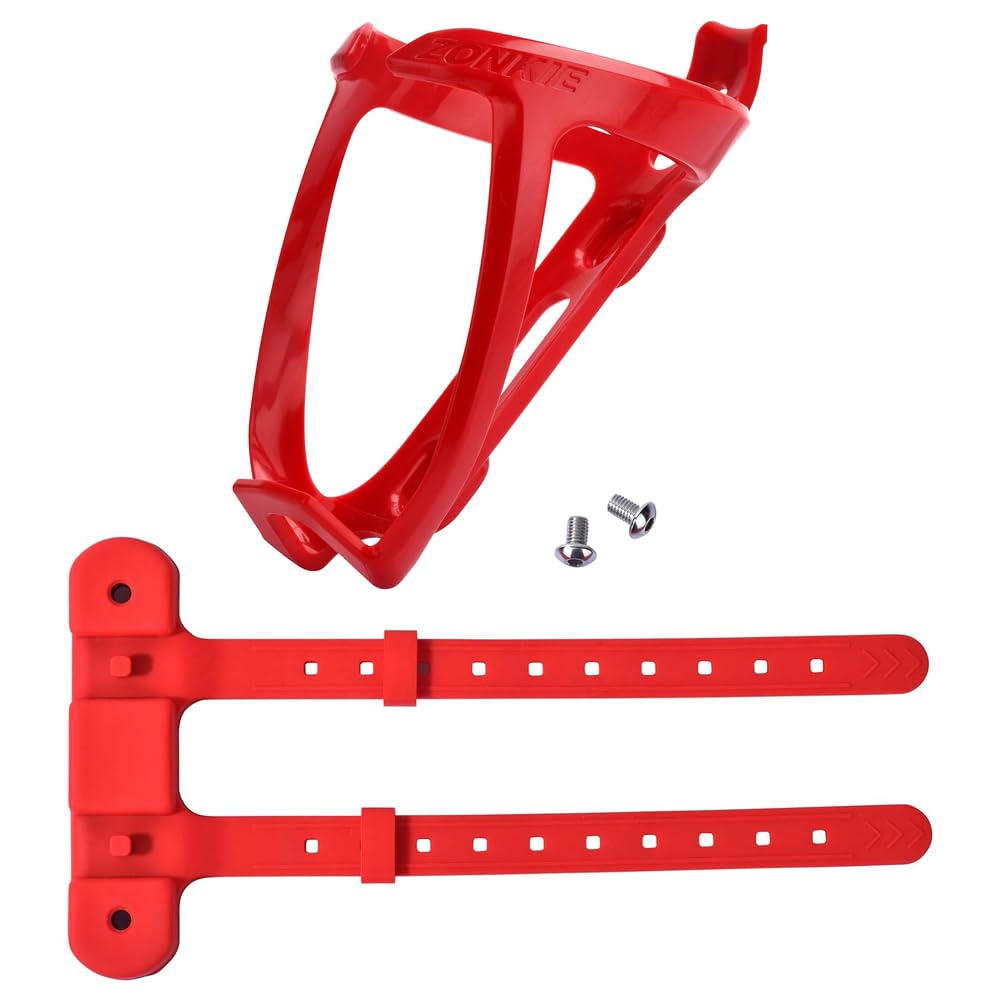 zonkie Bicycle Bottle Cages, Plastic Bike Bottle Holder with Cage Mounting Base (Red)