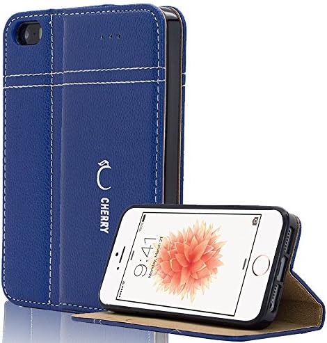 Iphone SE Case, GoldCherry Iphone SE Case Pu Leather (Magnetic Closure) (Card Packet) (Kick Stand) Wallet Case Cover for iPhone SE 5 5S (2nd Blue)