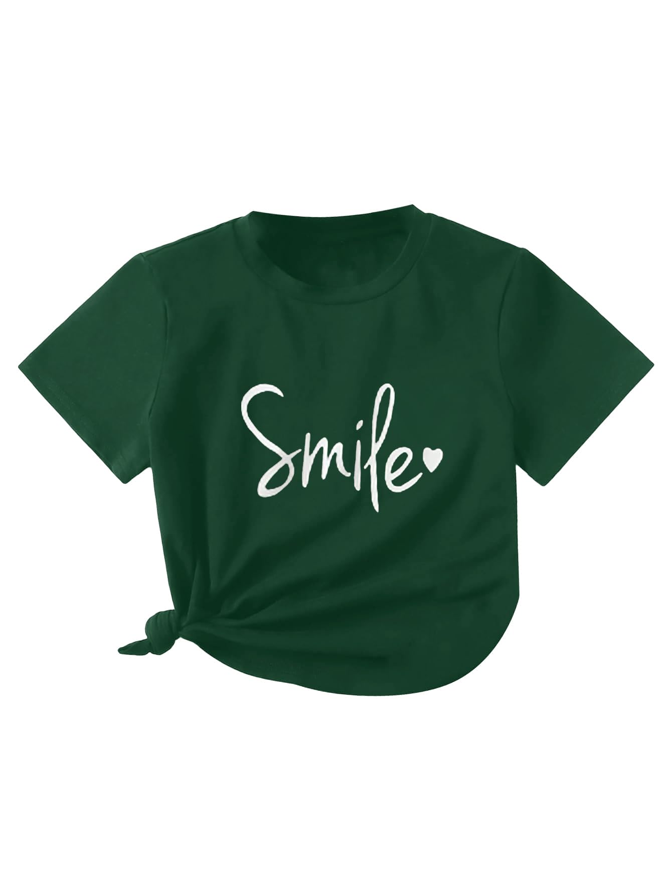 Photo 1 of SHENHE Girl's Graphic Letter Print Roll Up Short Sleeve Crewneck T Shirt Tee Tops Dark Green 10Y